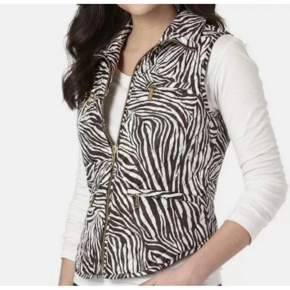 Michael Kors Womens Sz PS P S Brown White Quilted Zebra Vest Zip Up Packable - Picture 1 of 9